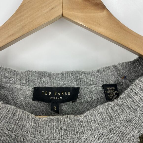 Ted Baker Sweater Size 3 Women Medium Gray Mysheli Fair Isle Ruffle Heart Preppy - Picture 3 of 8